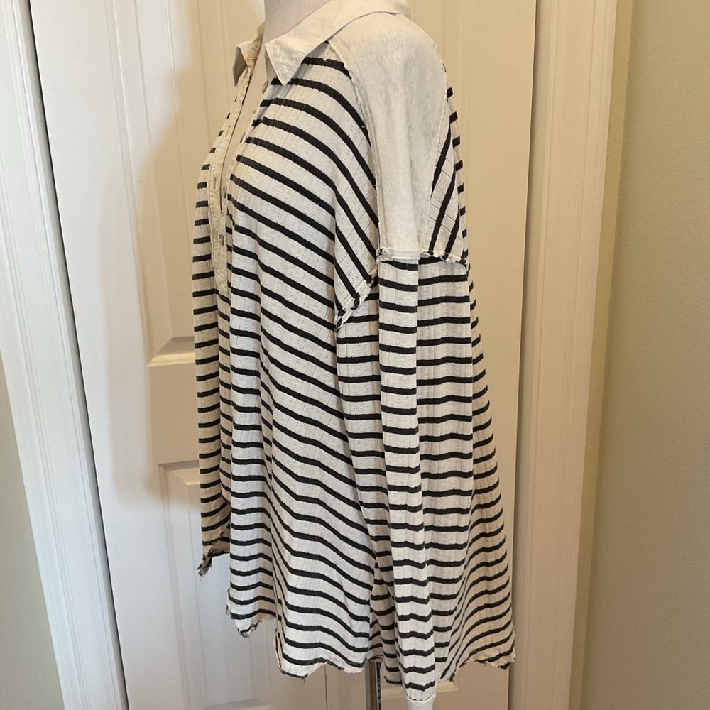 We The Free Striped Button Henley Top in Cream and Black - Picture 2 of 5